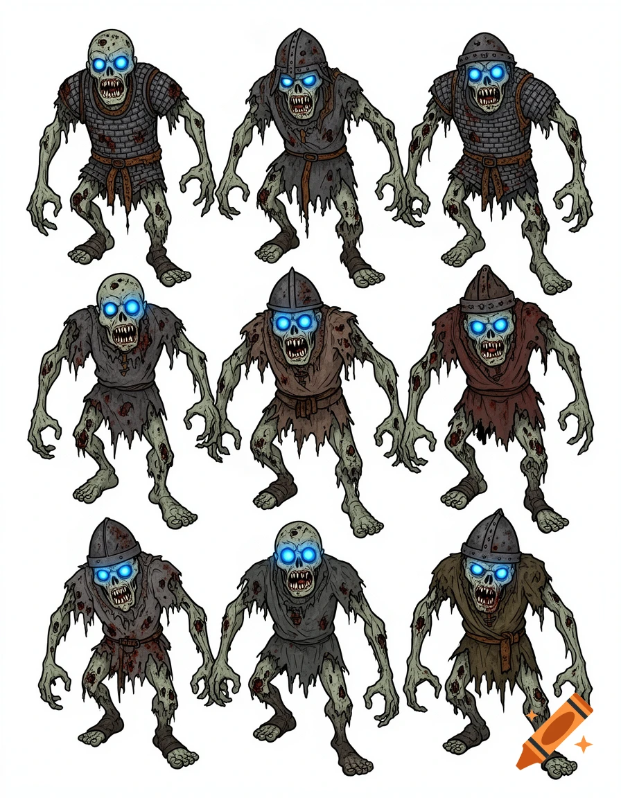 Nine cartoon medieval zombies with glowing blue eyes and tattered clothes against a white background.