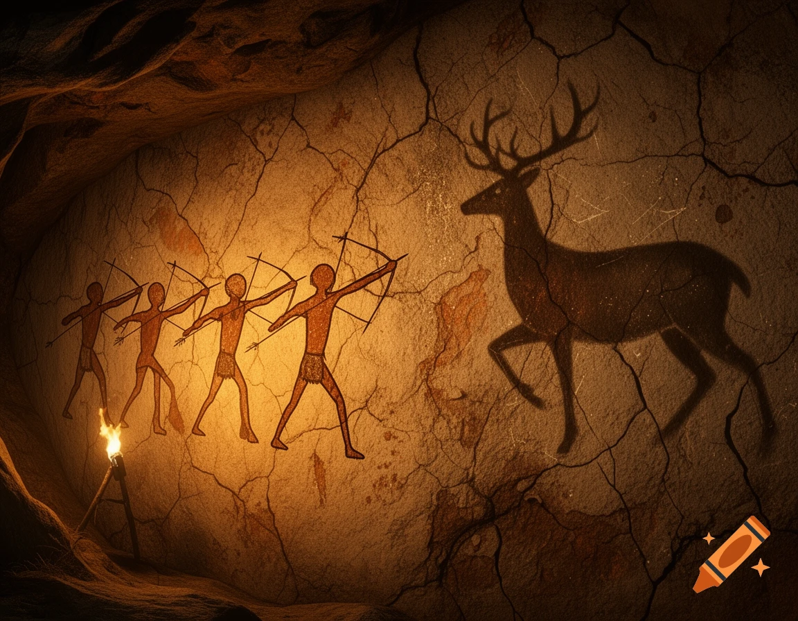 Cave painting depicts four stick figures aiming bows and arrows at a large deer silhouette, illuminated by a torch.