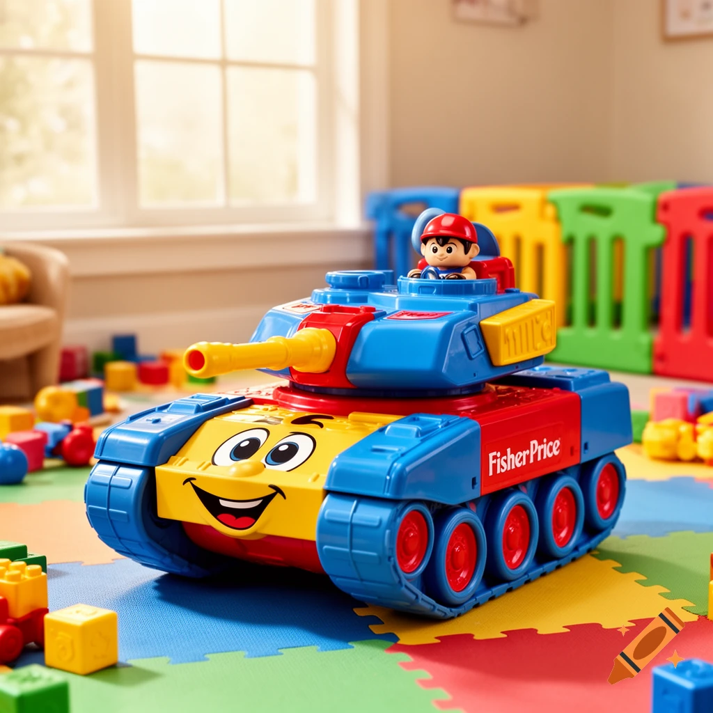 A colorful blue, red, and yellow Fisher Price toy tank with a smiling face and a driver, on a multicolored playmat in a bright room.