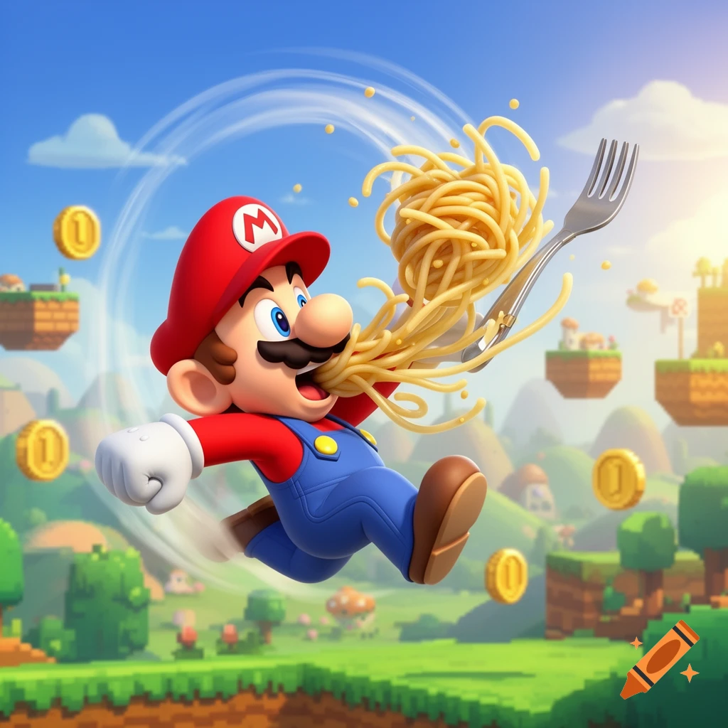 Mario runs through a vibrant Super Mario-like landscape, enthusiastically eating a large forkful of spaghetti, surrounded by floating coins.