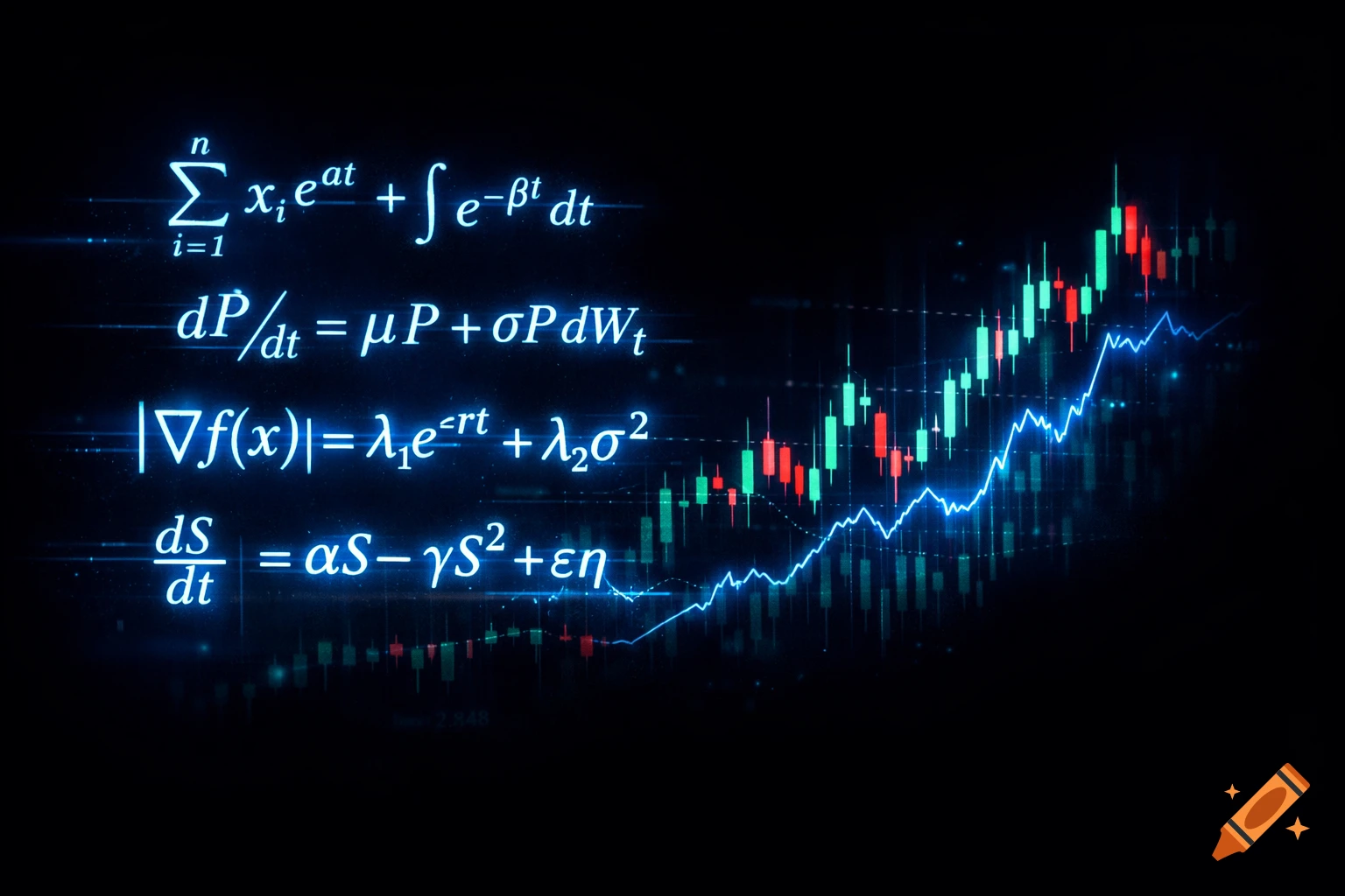Glowing blue mathematical equations overlay a dark financial candlestick chart with red and green bars and a blue line.