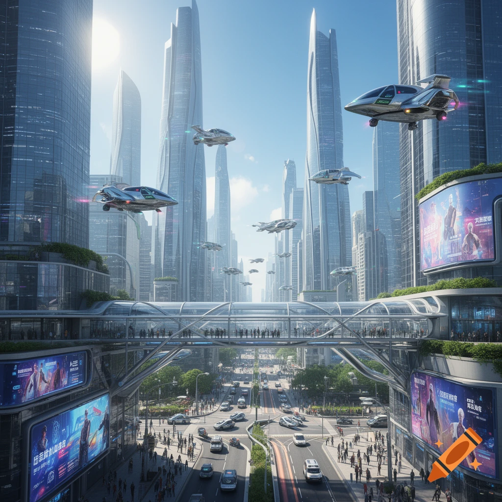 A photorealistic image of a futuristic city with towering glass skyscrapers, multi-level pedestrian walkways, and numerous flying cars soaring through the bright sky. Below, cars drive on roads amidst crowds of people.