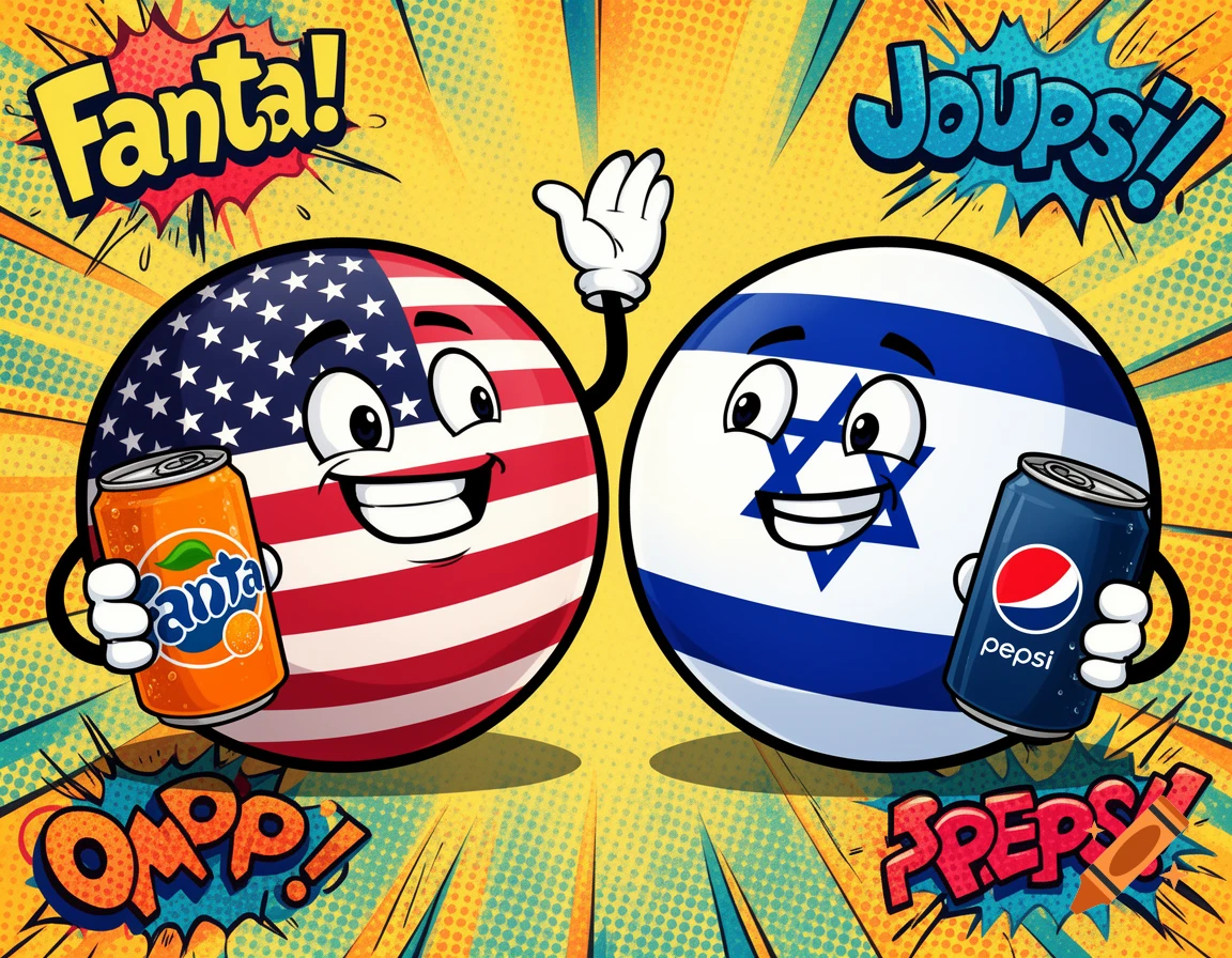 Cartoon countryballs of the USA and Israel holding Fanta and Pepsi sodas respectively, in a comic book art style.