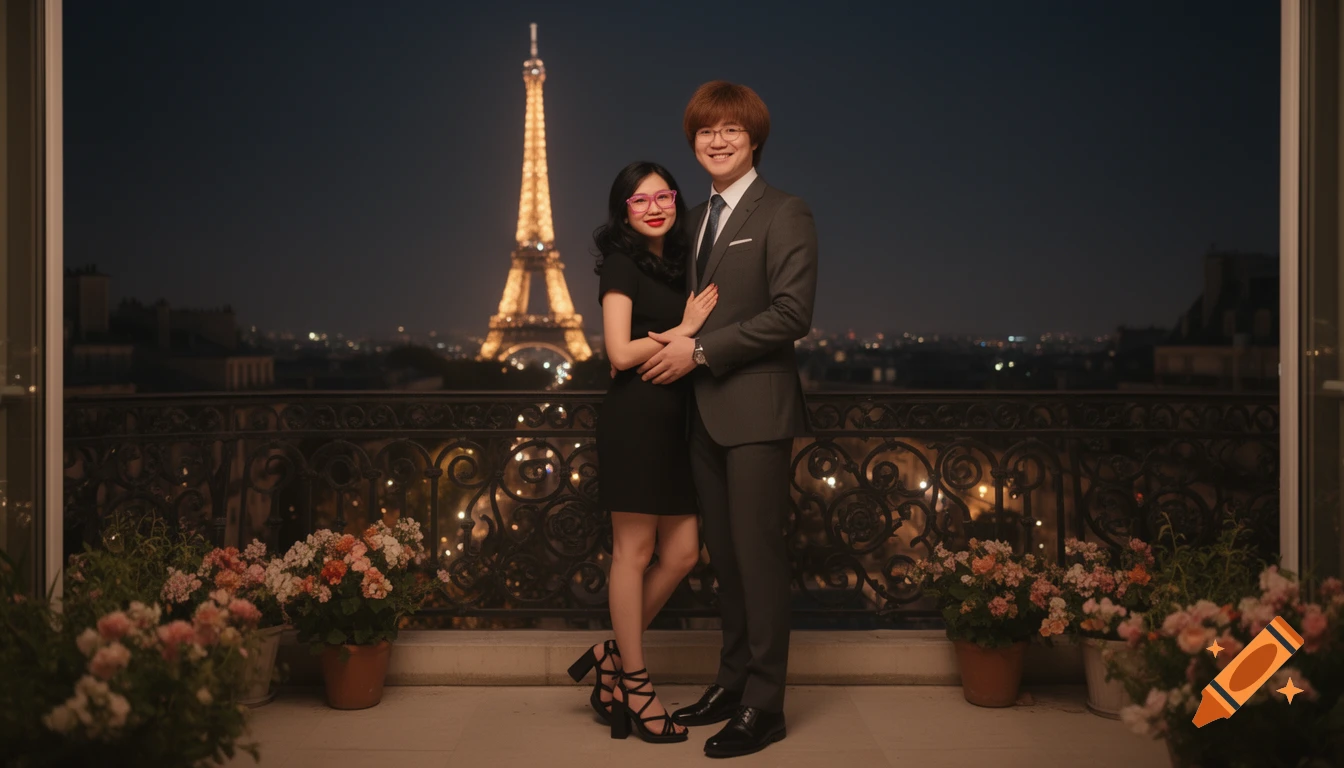 Photorealistic image of an Asian couple embracing on a Paris balcony at night, with the illuminated Eiffel Tower in the background.