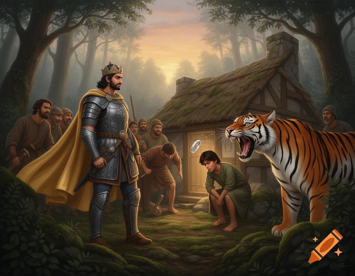 A king in armor and a tiger stand outside a forest cottage with villagers, as a ring floats near a crouching boy.