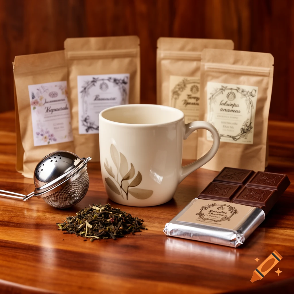 A photorealistic gift set with a decorative mug, a pile of loose leaf tea, a tea infuser, four tea bags with labels, and a bar of chocolate on a wooden table.