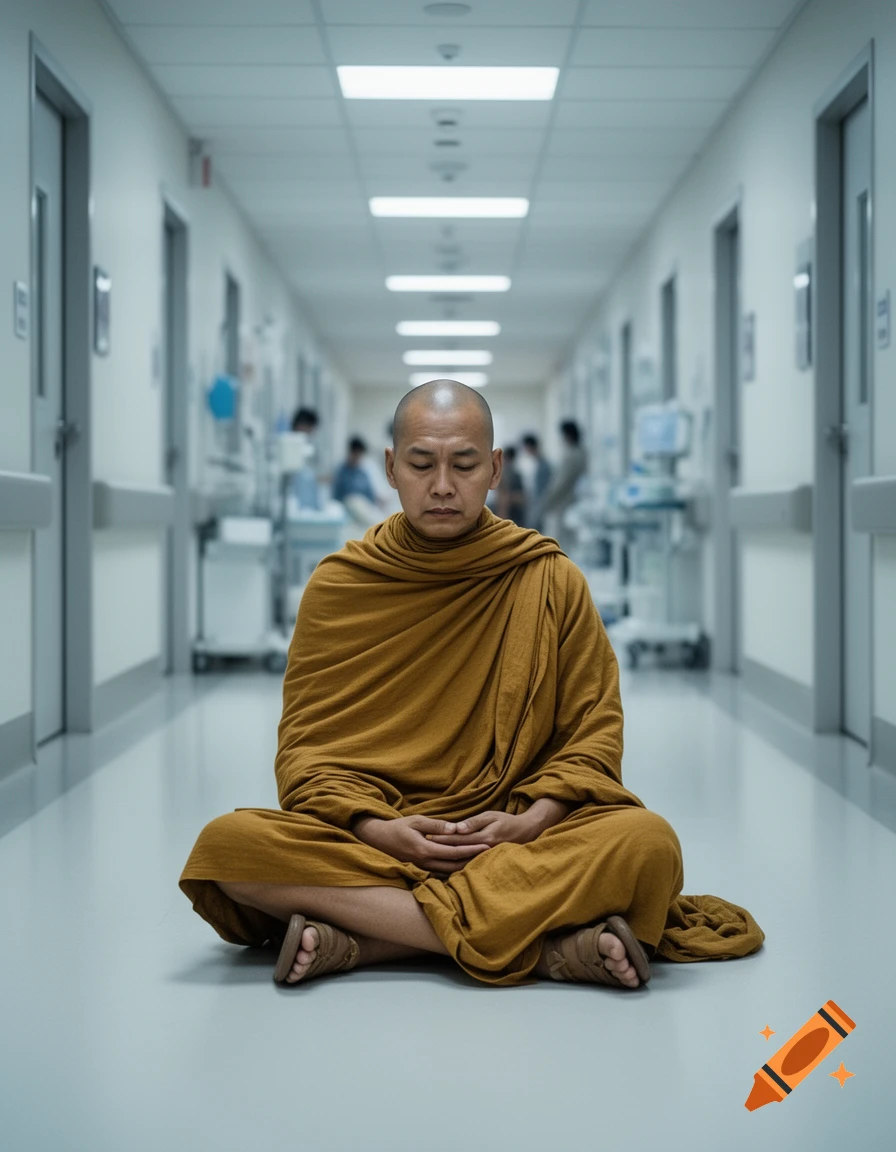 A bald monk in an orange robe sits meditating with eyes closed in a photorealistic hospital hallway.