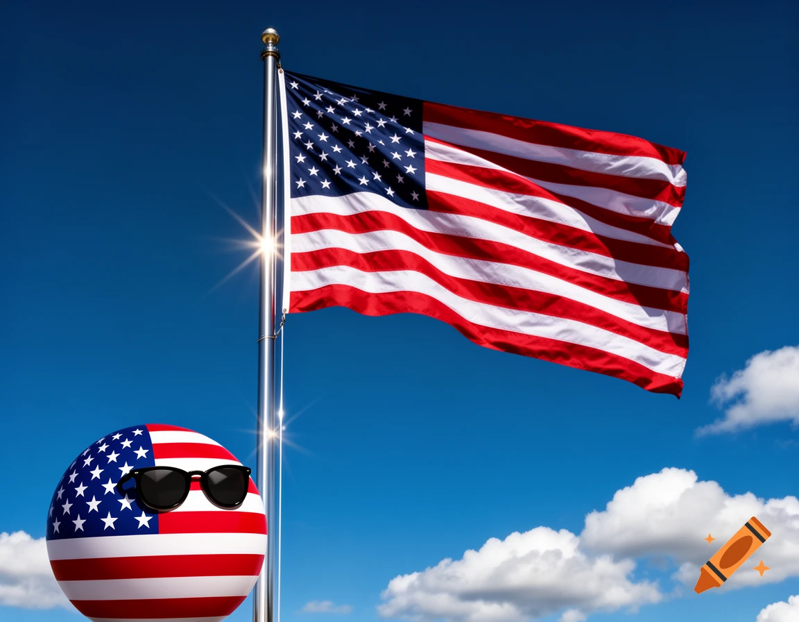 A photorealistic American flag waves on a flagpole under a blue sky with white clouds, next to an AmericaBall character with sunglasses.