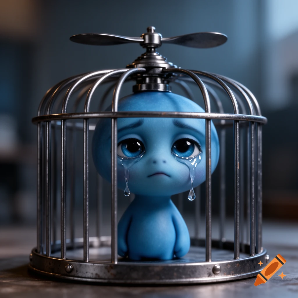 A sad, blue, no-armed creature with a propeller on its head cries inside a metal birdcage, photorealistic style.