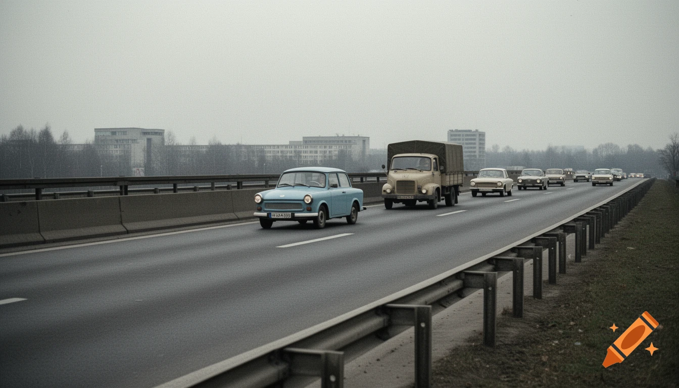 Photorealistic image of a blue Trabant and beige truck on a highway with other vintage cars, gray sky, and buildings in the distance.