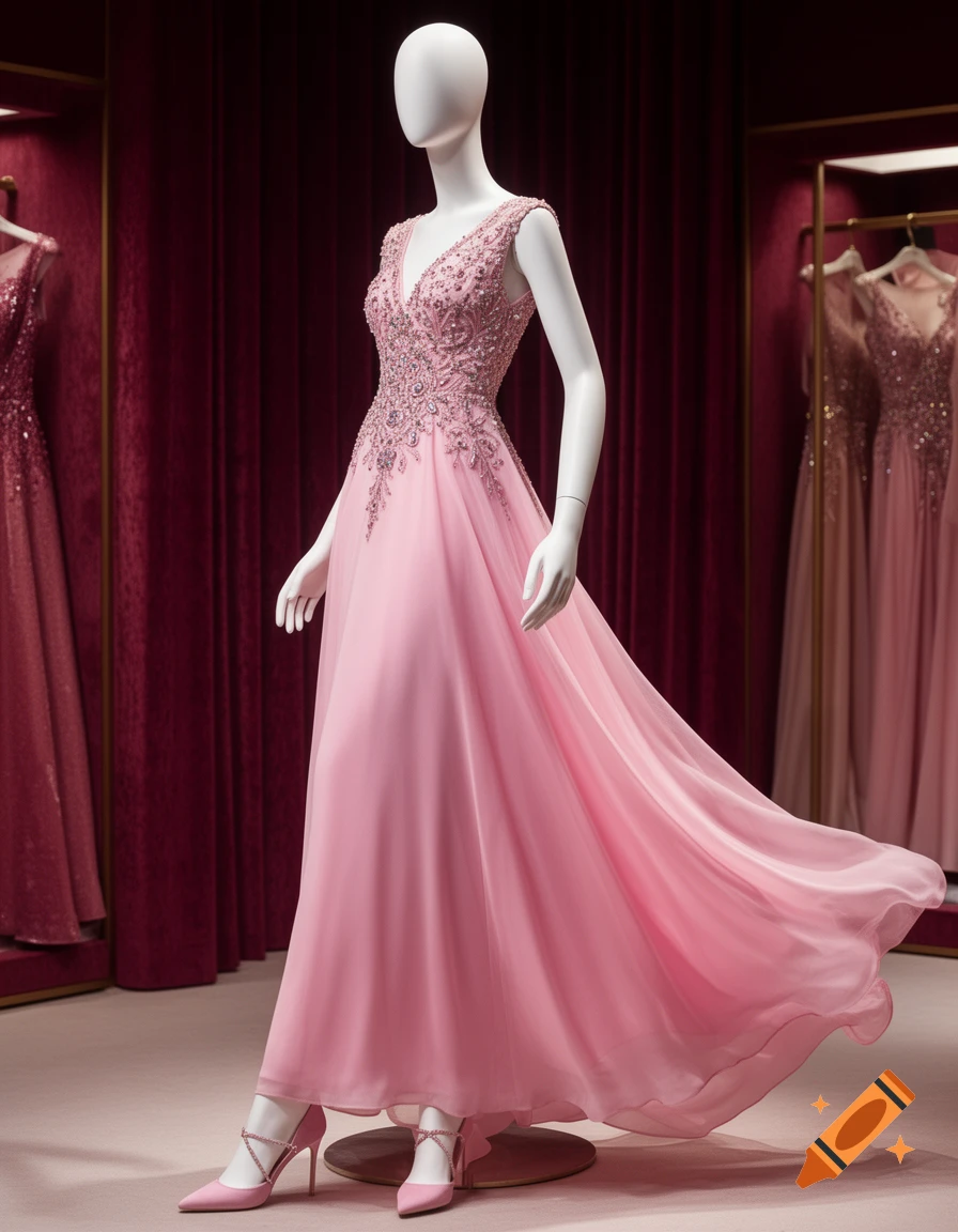 Photorealistic image of a mannequin wearing a baby pink, jeweled, long flowing dress and pink high heels against a red curtain background.