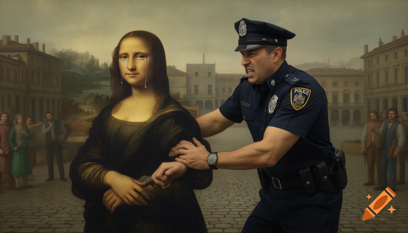 Mona Lisa cries as an angry police officer grabs her arm in a cobblestone street, while onlookers watch in the background.