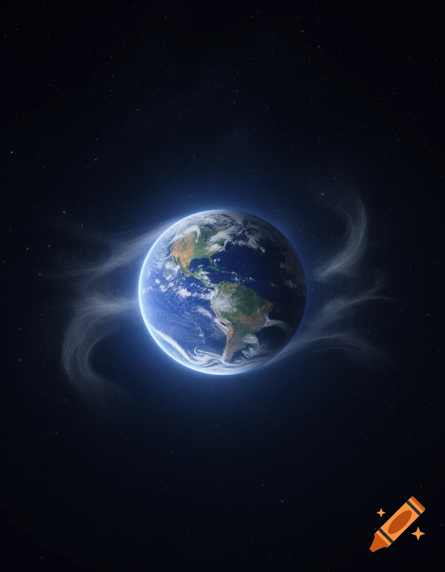 The Earth glowing brightly in dark space, surrounded by wispy trails of light or dust, with scattered stars in the background.