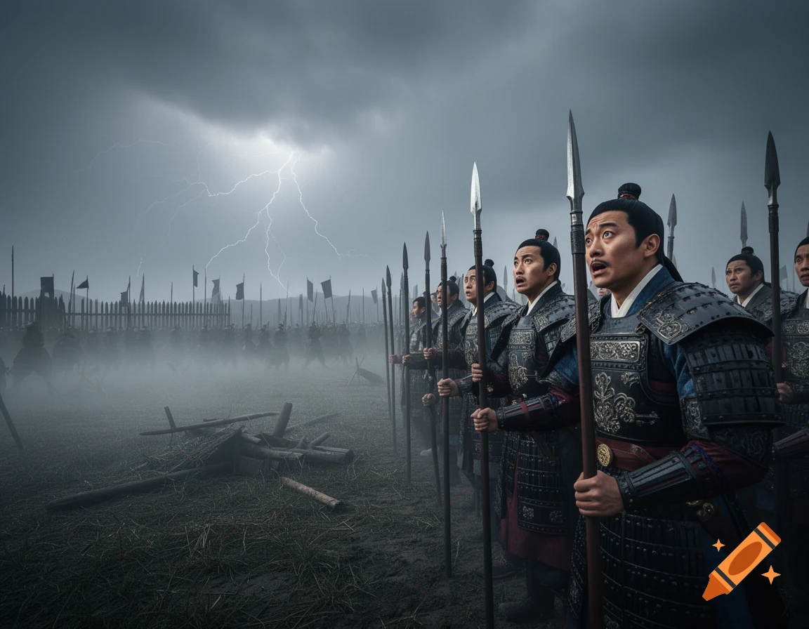 Photorealistic image of Joseon-era soldiers on a muddy, foggy battlefield under a stormy sky with lightning.