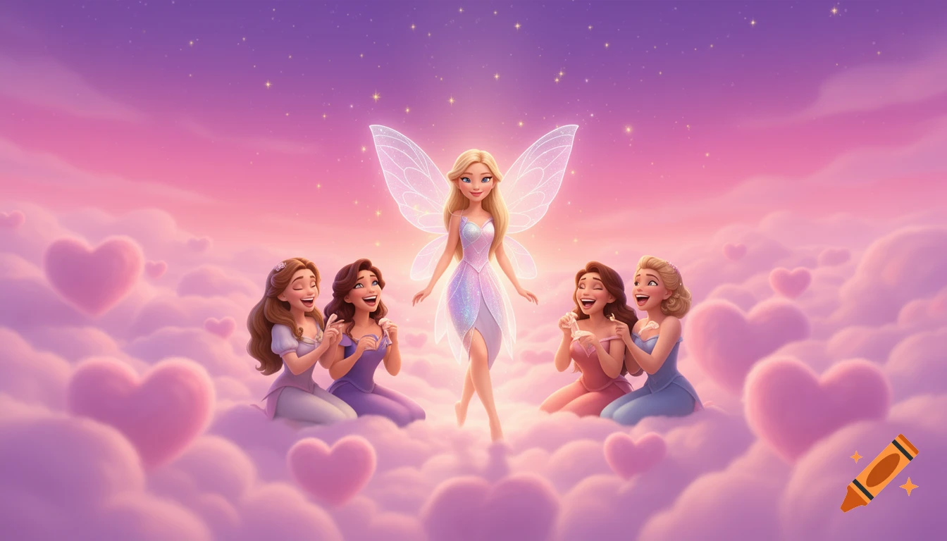 A blonde fairy with glowing wings floats in a pink and violet sky, surrounded by four laughing women on fluffy, heart-shaped clouds, in a whimsical Disney-like cartoon.