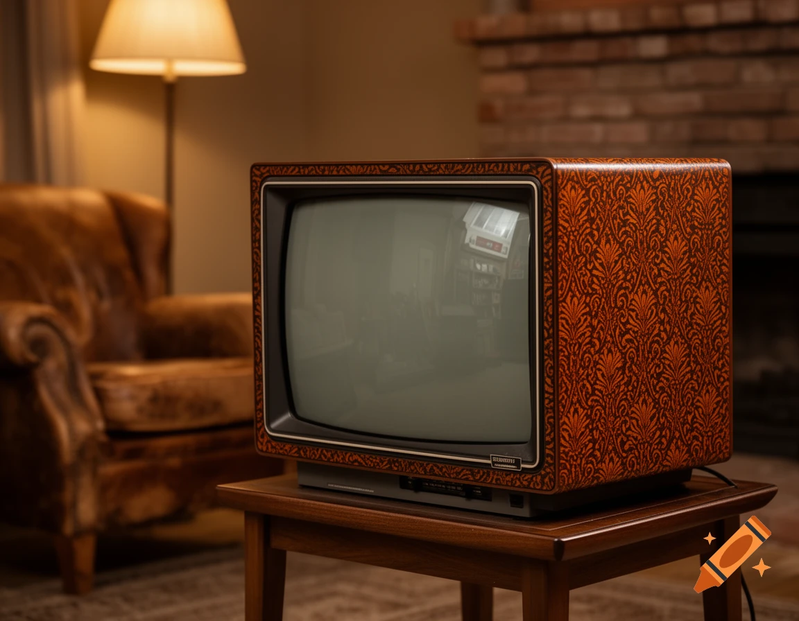A photorealistic image of a 70s CRT television with a dark orange patterned casing sits on a wooden table in a dimly lit room.