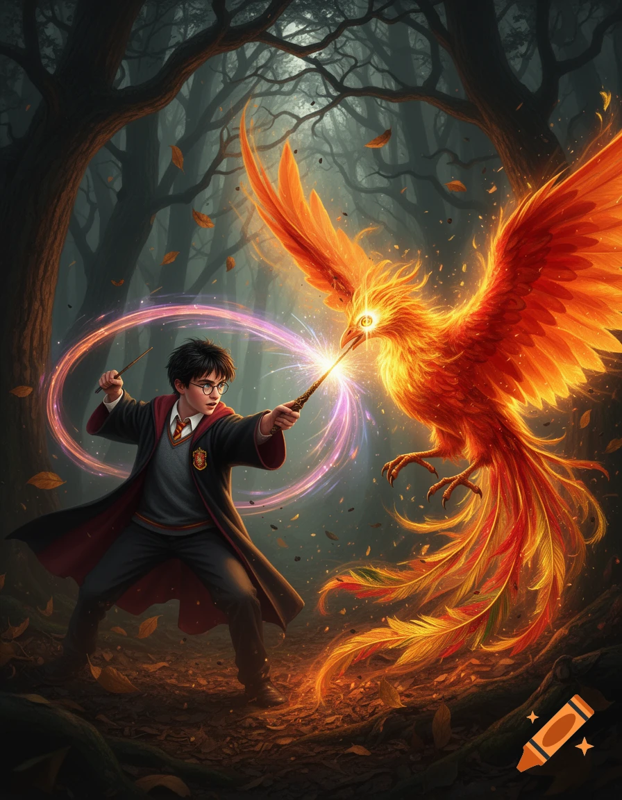 Harry Potter in a dark forest casting a spell at a glowing, fiery phoenix, with autumn leaves falling.