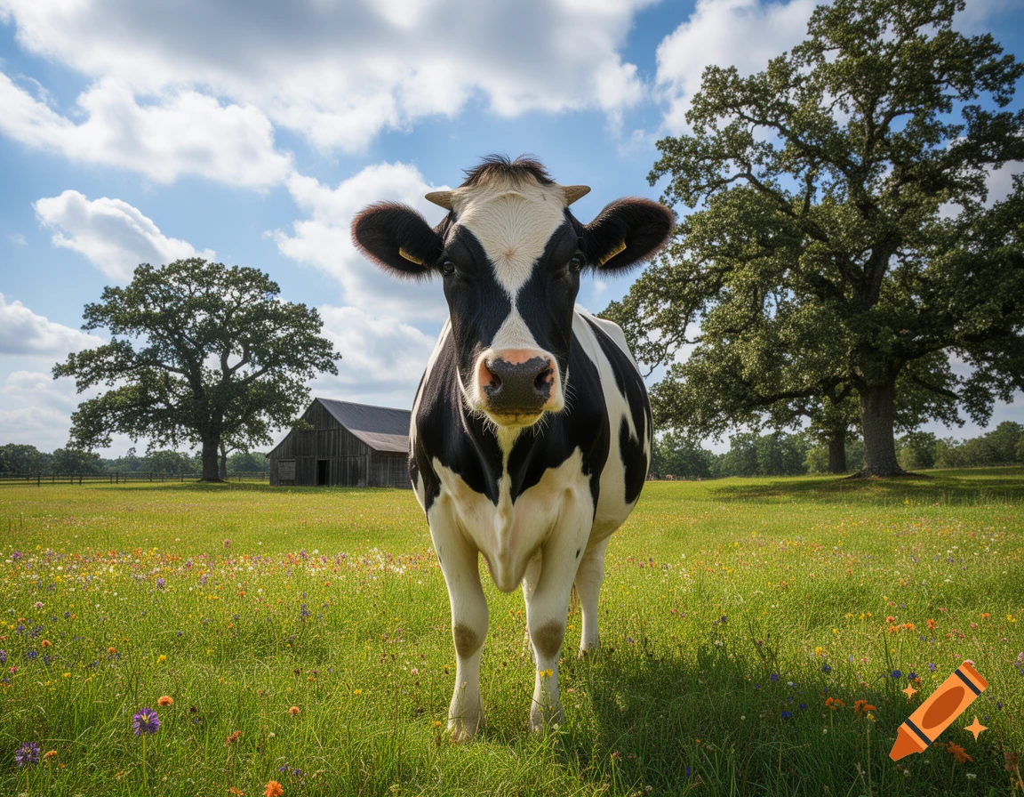A black and white cow stands in a vibrant green field filled with wildflowers, with a barn and oak trees under a blue sky.
