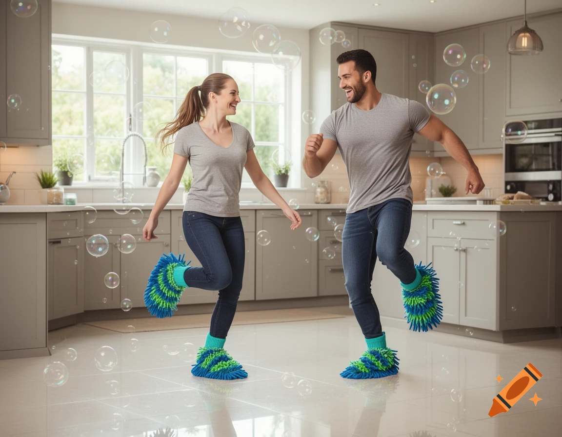 A man and a woman happily dance in a modern kitchen while wearing fuzzy blue and green mop socks, surrounded by floating bubbles.