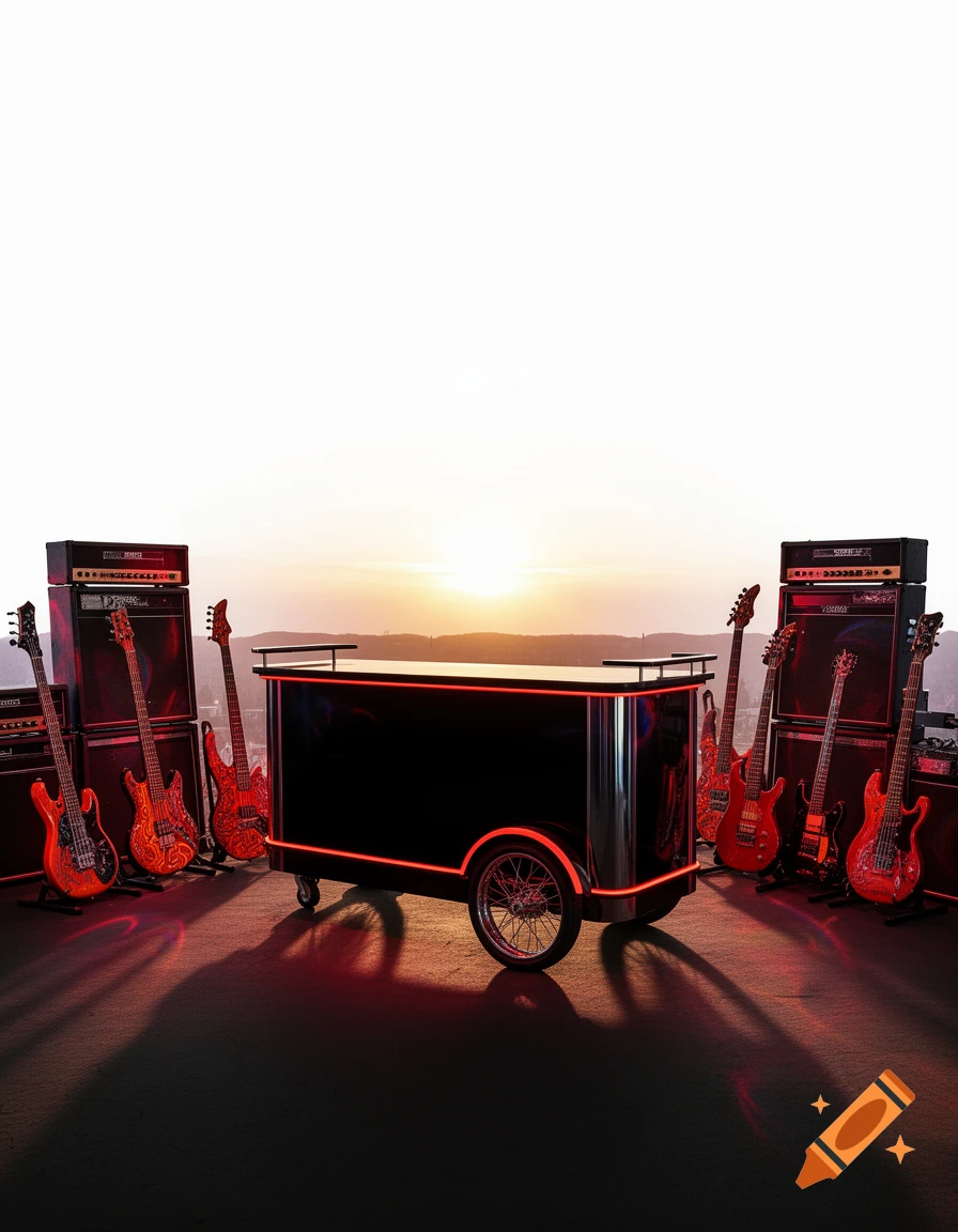 A black wagon bar with red neon accents, surrounded by electric guitars and amplifiers, set against a sunset backdrop.
