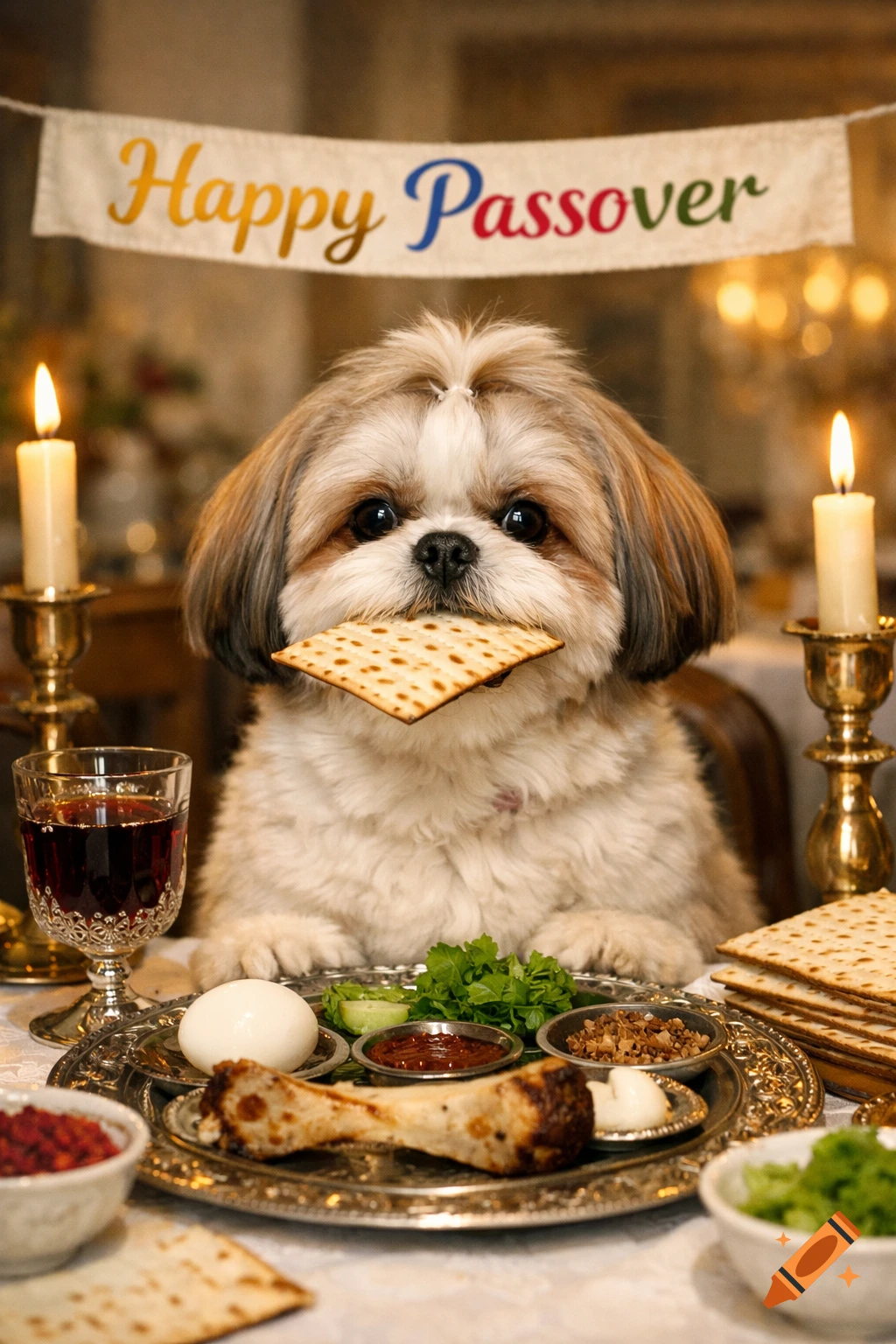 A fluffy Shih Tzu dog holds a piece of matzah in its mouth, sitting at a festive Passover Seder table with candles and a "Happy Passover" banner.