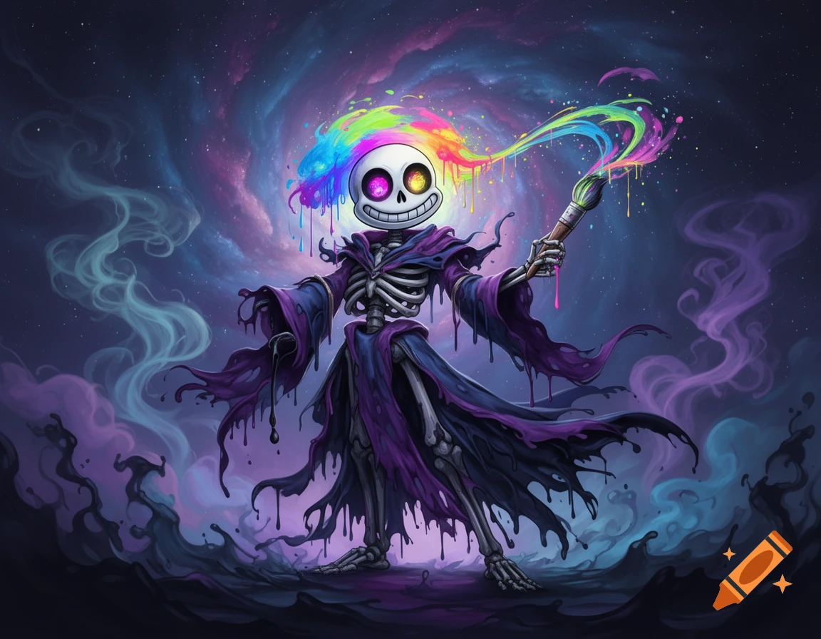 A stylized skeleton character in a dark robe holds a paint brush. Rainbow paint drips from its head into a cosmic background.