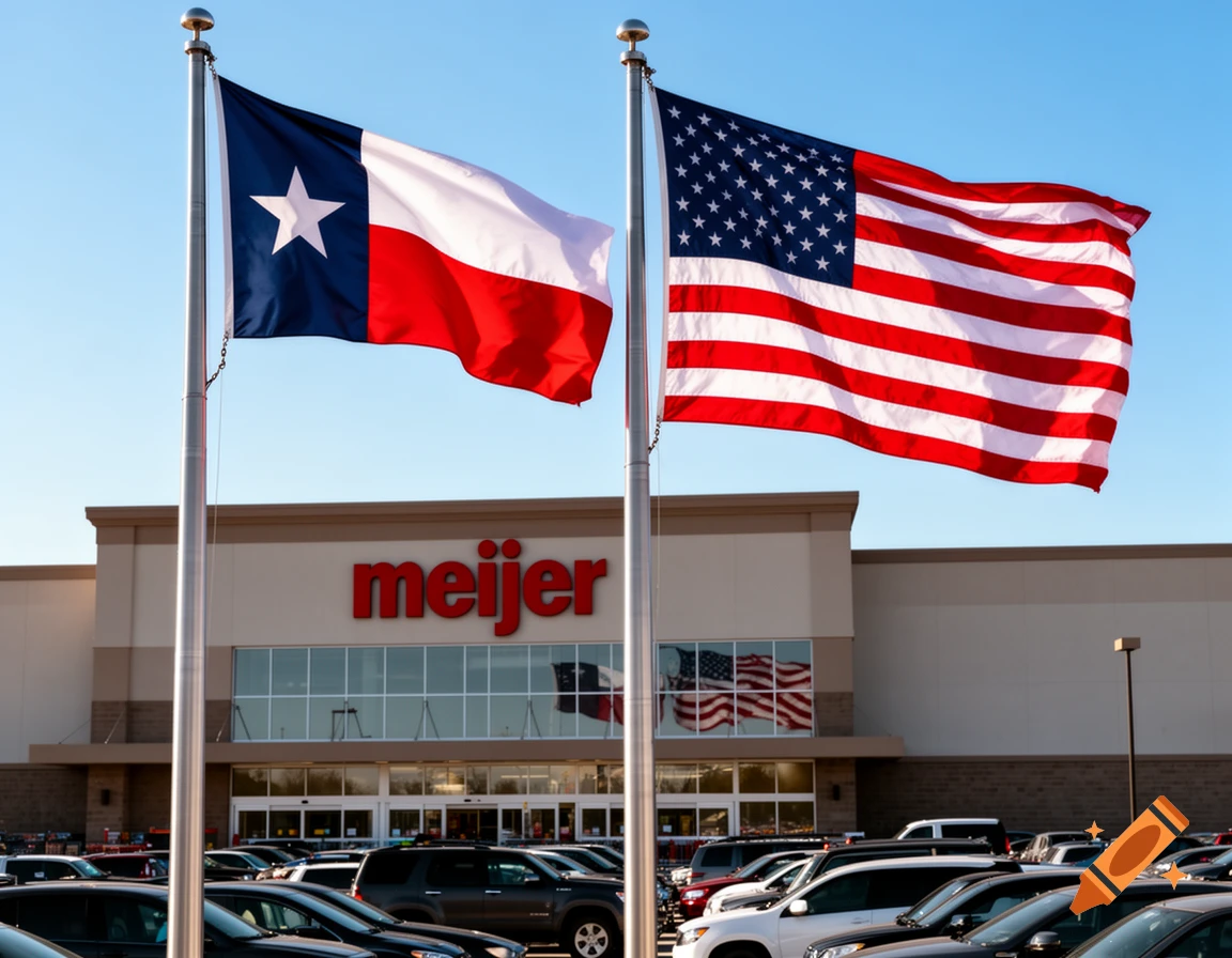 Texas and US flags wave above a Meijer store and parking lot on a sunny day.