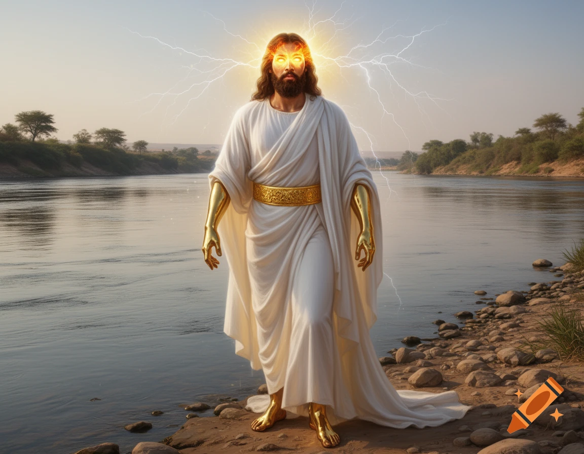 Photorealistic depiction of Jesus with glowing eyes, golden limbs, and lightning, standing by a river.