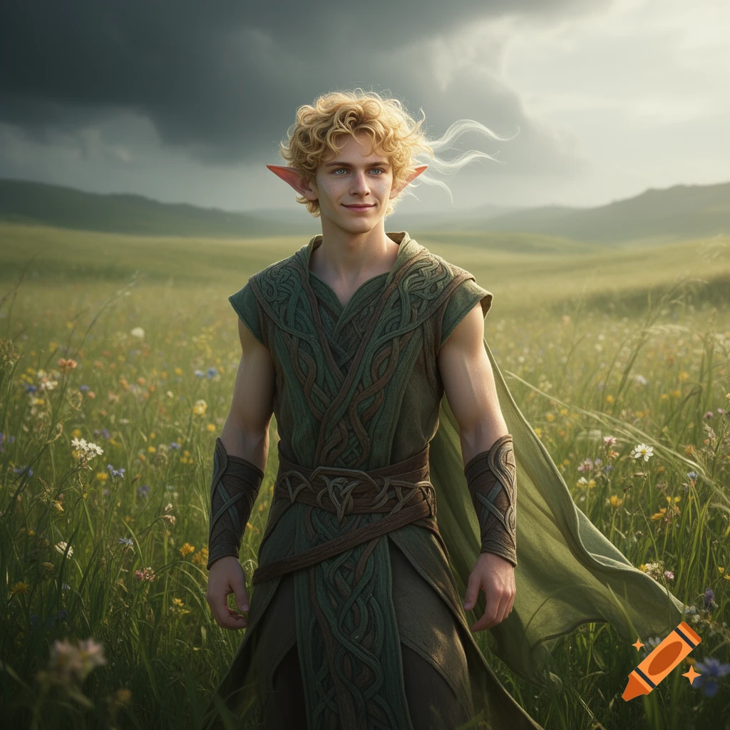 A smiling young male elf with curly blonde hair and pointy ears stands in a wildflower meadow under a stormy sky, wearing ornate green robes.
