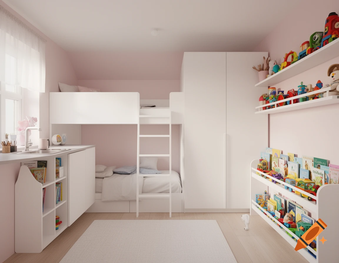 Photorealistic child's bedroom with pink walls, white bunk bed, small kitchen counter, book rack, and toy shelves.