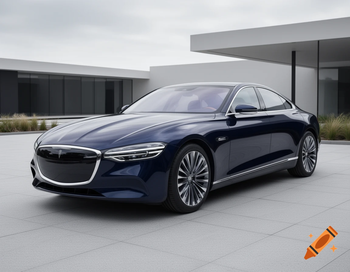 A dark blue luxury sedan with chrome accents parked on a paved area in front of a modern white building with dark windows.