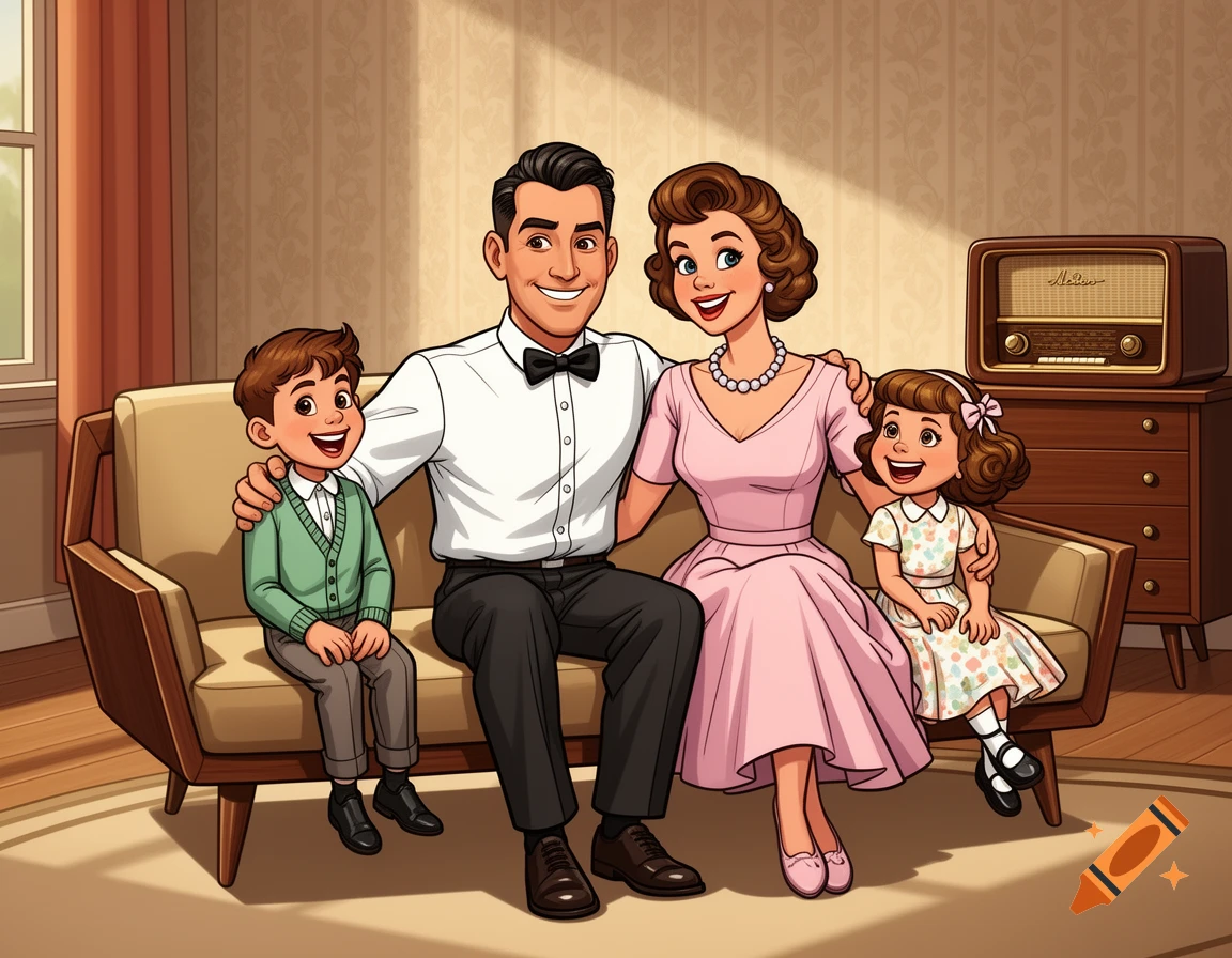 A cartoon 1950s family, parents and two children, sitting and smiling on a living room couch.