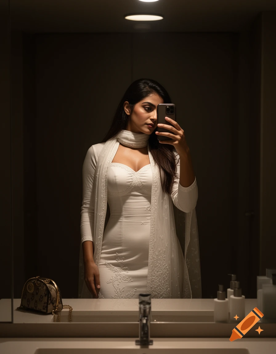 Woman in a white salwar suit takes a mirror selfie in a dimly lit washroom, with a purse on the counter.