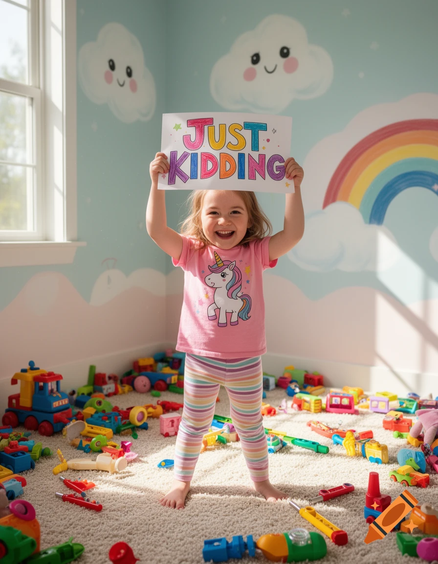 A smiling young child in a pink unicorn shirt and striped leggings holds up a sign that says "JUST KIDDING" in a colorful playroom filled with toys.