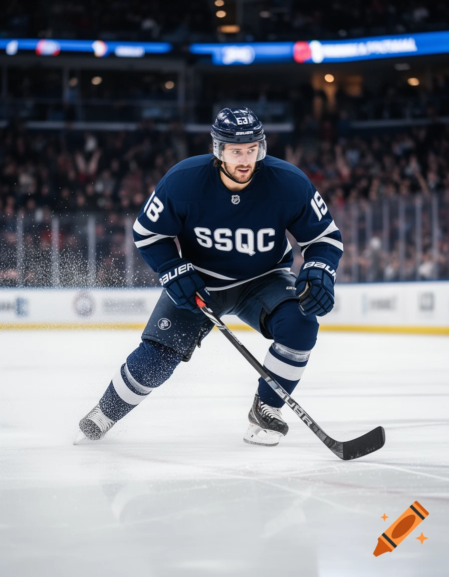 Photorealistic image of a hockey player in a navy blue jersey with 'SSQC' written on it, skating on an ice rink during a game.