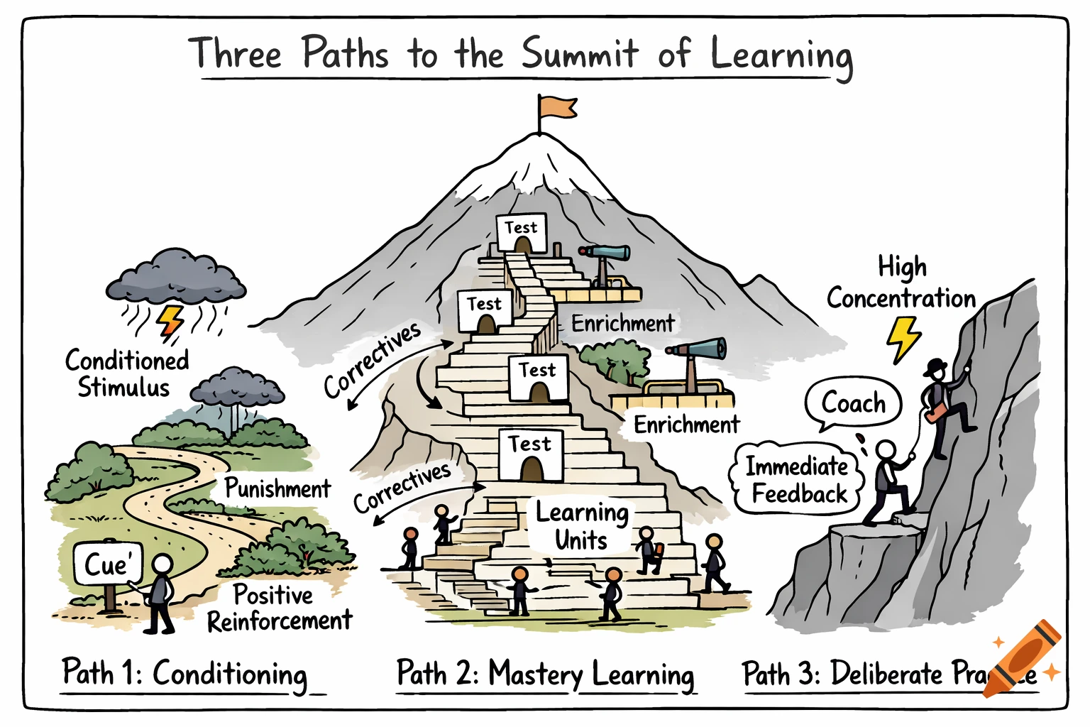 A hand-drawn educational diagram titled 'Three Paths to the Summit of Learning', depicting conditioning, mastery learning, and deliberate practice.