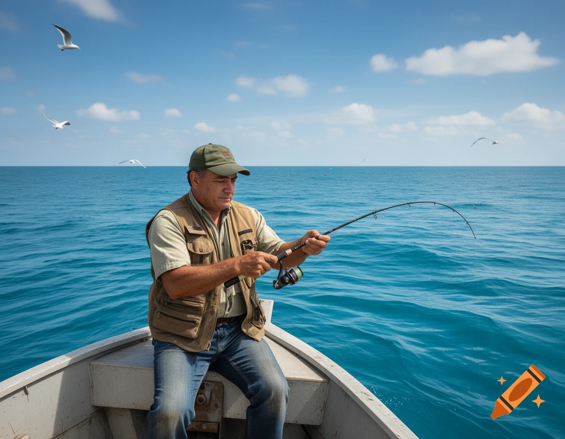 A man in a cap and vest fishes from a boat on a calm, blue ocean under a partly cloudy sky with seagulls flying.
