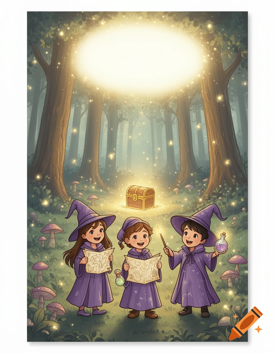Three young wizards with maps, a wand, and a potion bottle in a magical forest with a glowing treasure chest, in a children's book illustration style.