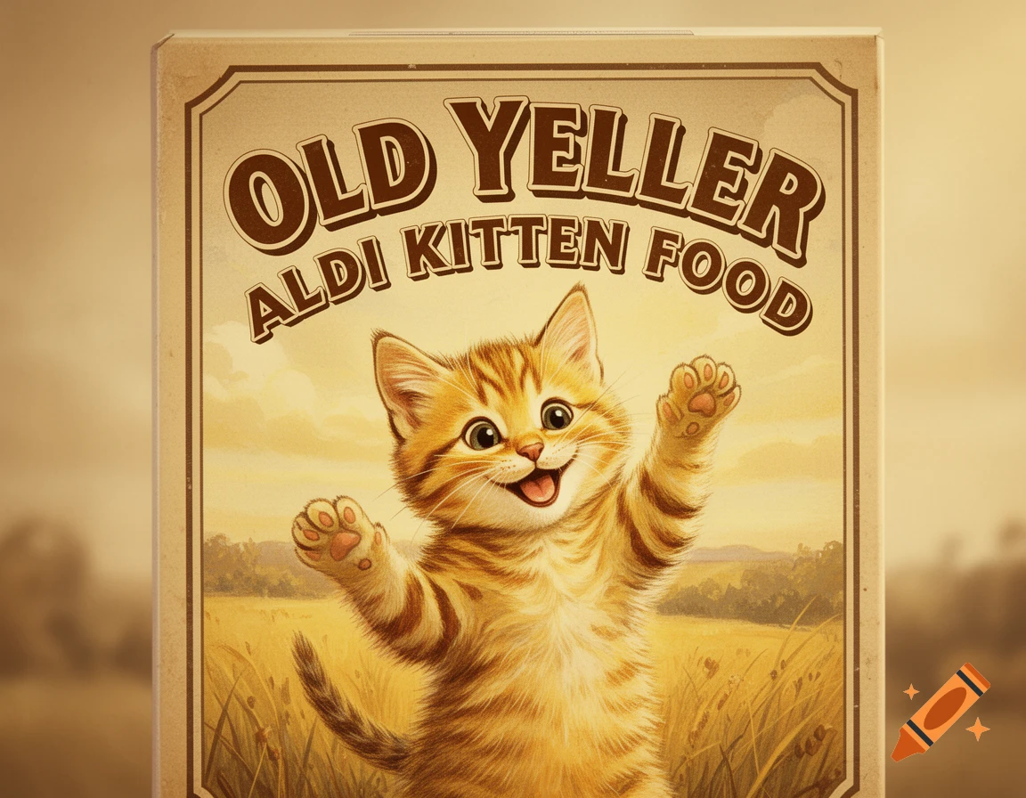 A happy, cartoonish orange tabby kitten with paws raised on a vintage-style box labeled 'Old Yeller Aldi Kitten Food', set against a field.