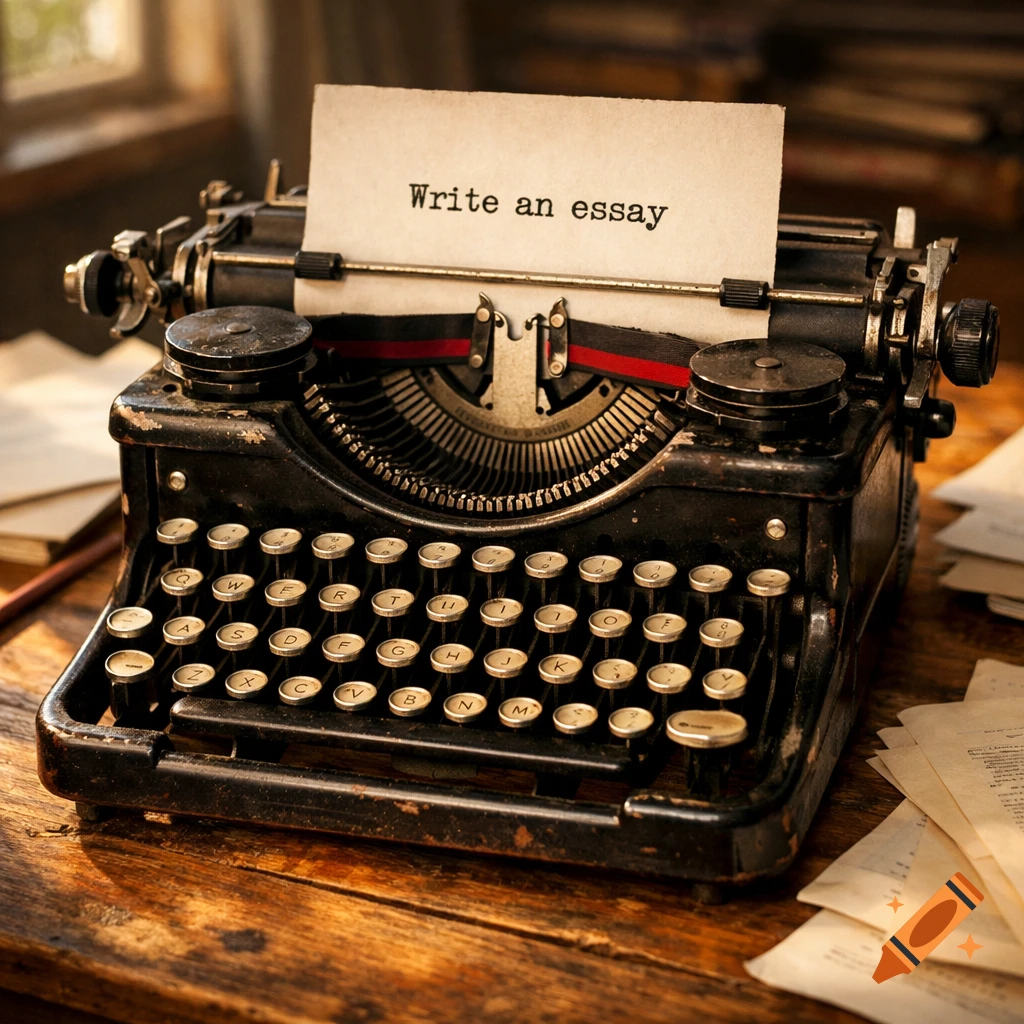 A close-up, photorealistic shot of an antique black typewriter with a sheet of paper saying 'Write an essay' in it, on a wooden desk.