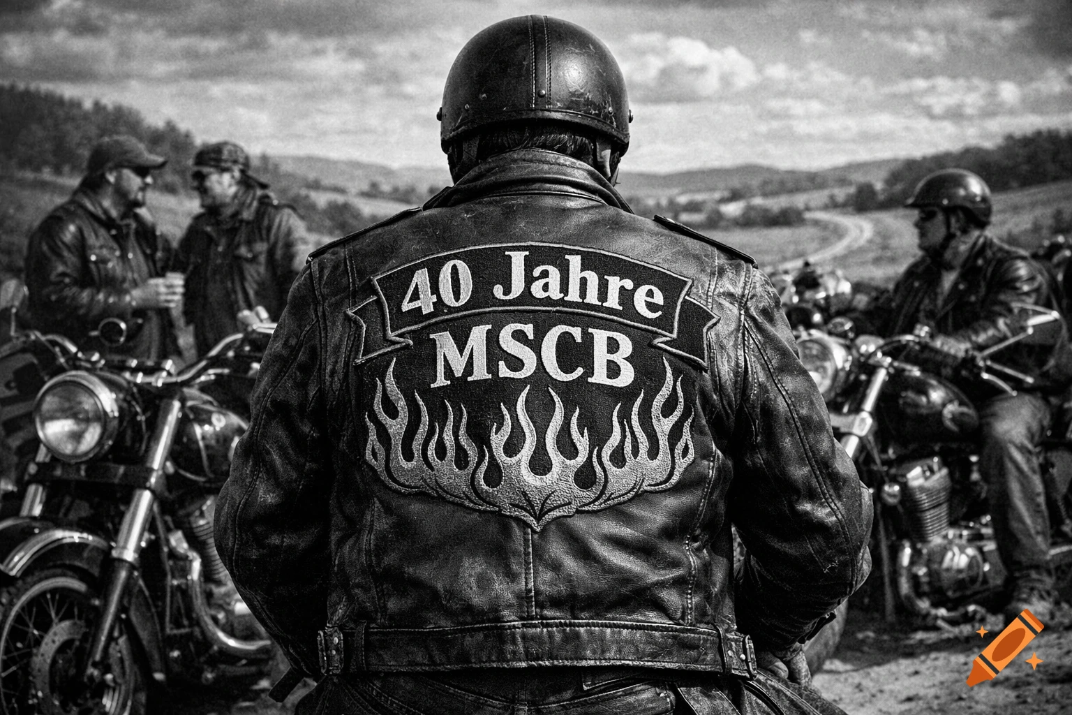 Black and white photo of a biker from behind, wearing a helmet and a leather jacket with '40 Jahre MSCB' and flame patch. Other bikers and motorcycles are in the background.