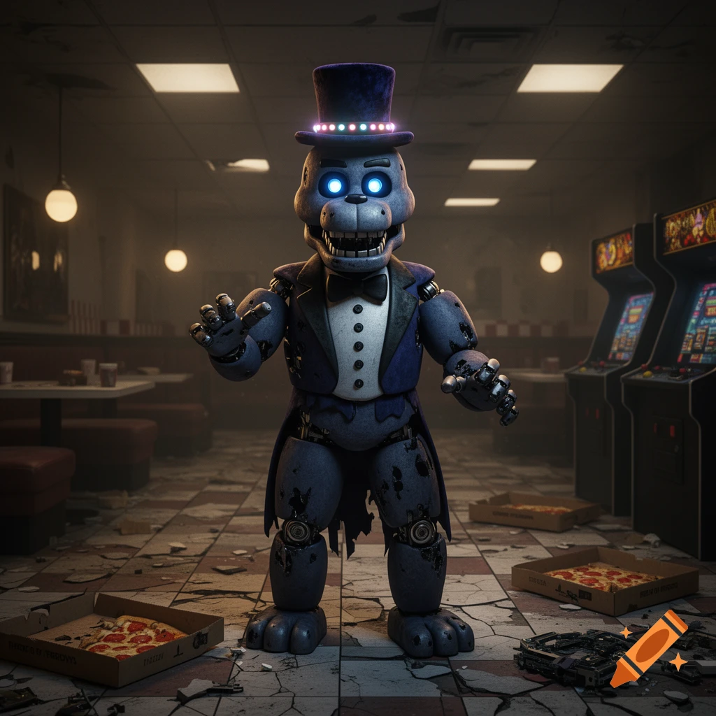 A blue animatronic bear in a top hat and tuxedo stands in a dilapidated arcade, surrounded by scattered pizza boxes and debris.