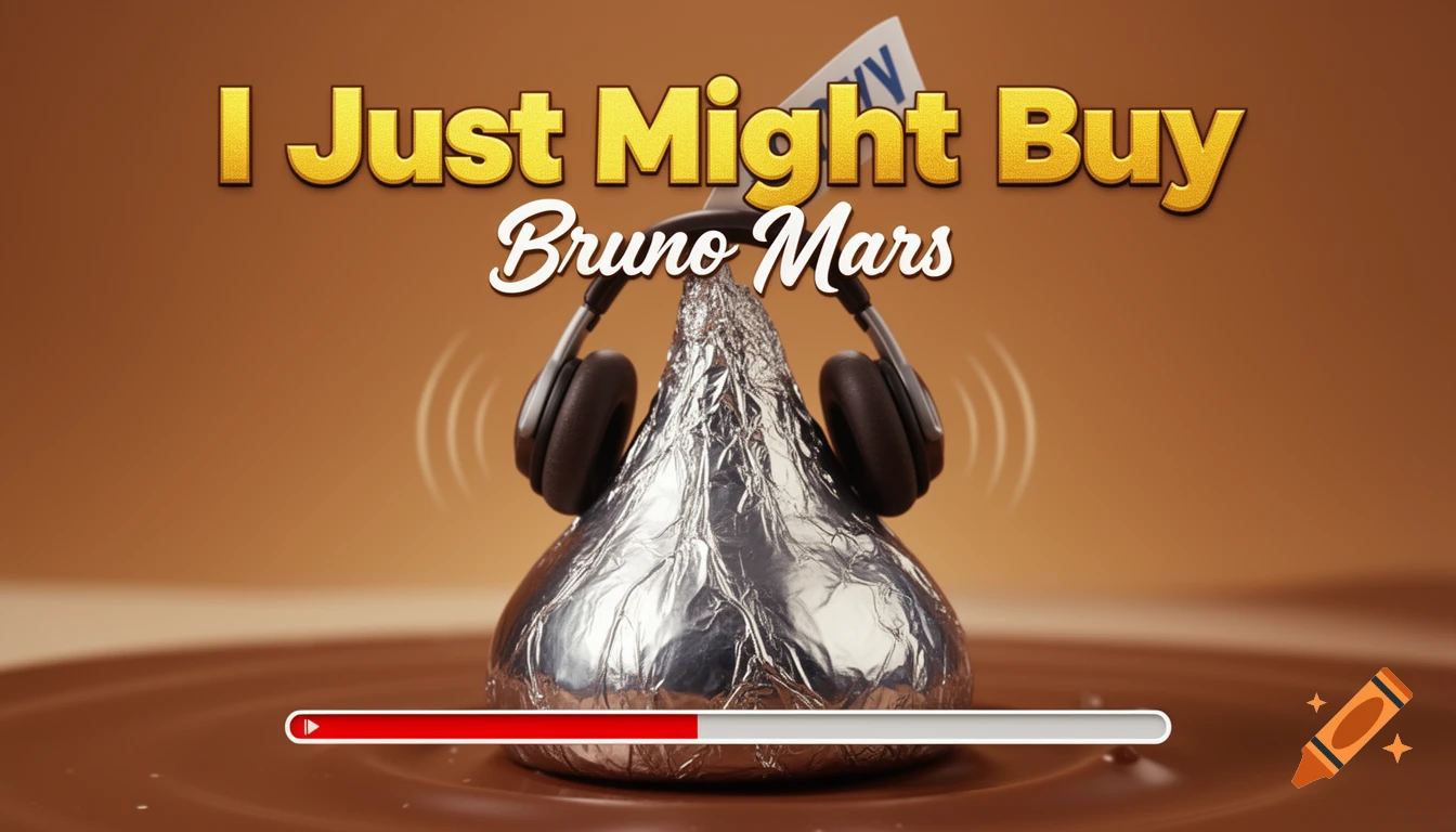 A photorealistic YouTube thumbnail featuring a Hershey's Kiss with headphones in melted chocolate. Text reads 'I Just Might Buy Bruno Mars'.