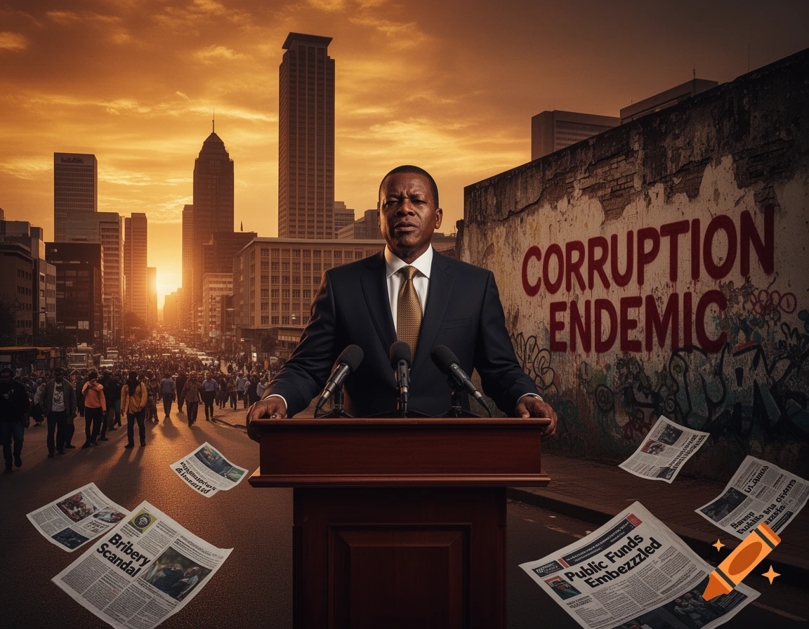 A serious man speaks at a podium on a city street at sunset, with 'CORRUPTION ENDEMIC' on a wall and scandal newspapers floating.