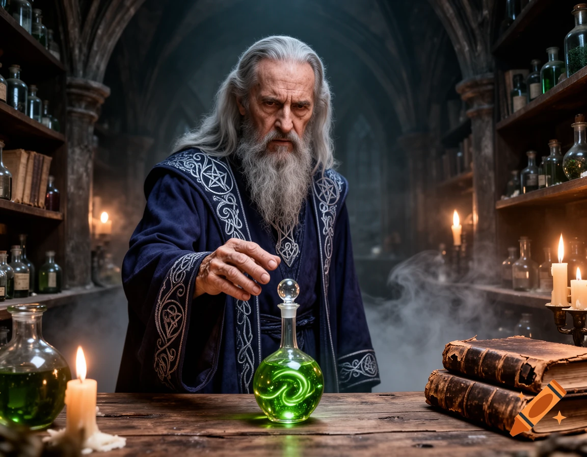 An old wizard with a long white beard holds his hand over a glowing green potion in an ancient stone laboratory.