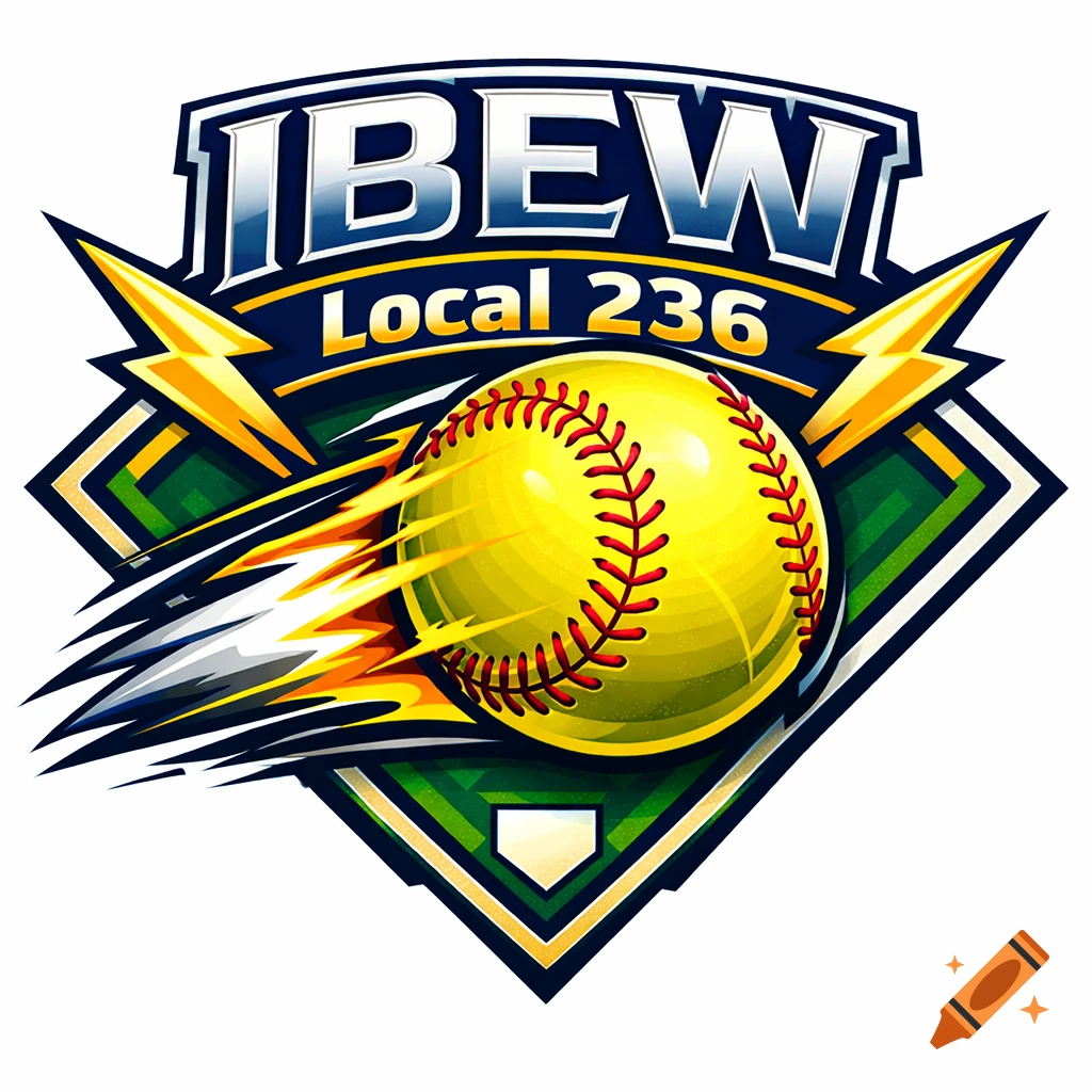 A vibrant sports logo for IBEW Local 236 softball team, featuring a yellow softball with red stitching streaking across a baseball diamond, flanked by lightning bolts, all within a shield design.