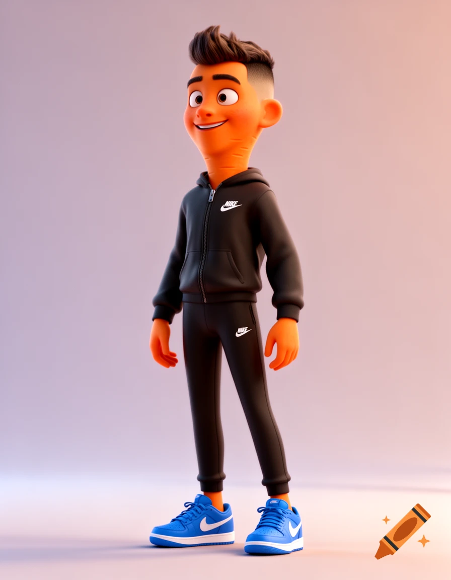 A 3D Pixar-style cartoon character with orange skin and a modern haircut wears a black Nike tracksuit and blue sneakers.