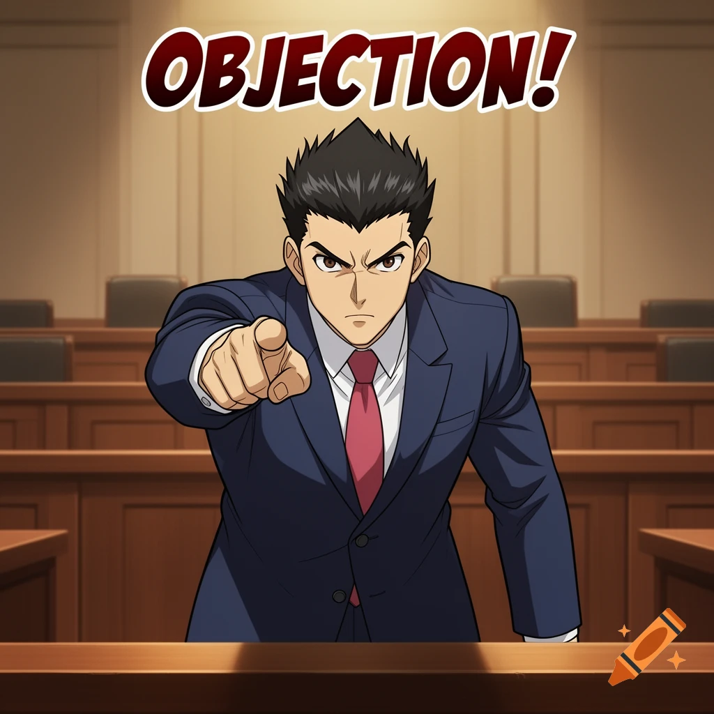 Anime-style Phoenix Wright in a courtroom points, with the text 'OBJECTION!' above him.