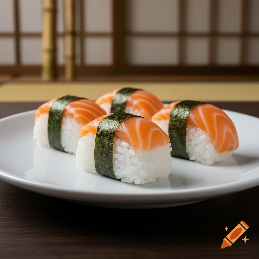Four pieces of salmon nigiri sushi on a white plate with a traditional Japanese background.