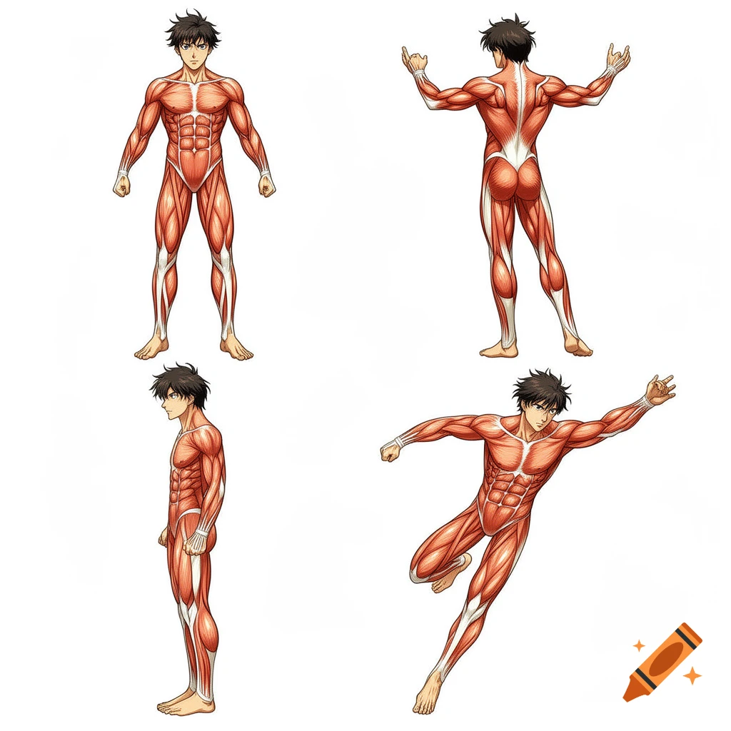 Four anime-style illustrations of a male figure showing the muscular system from different angles.